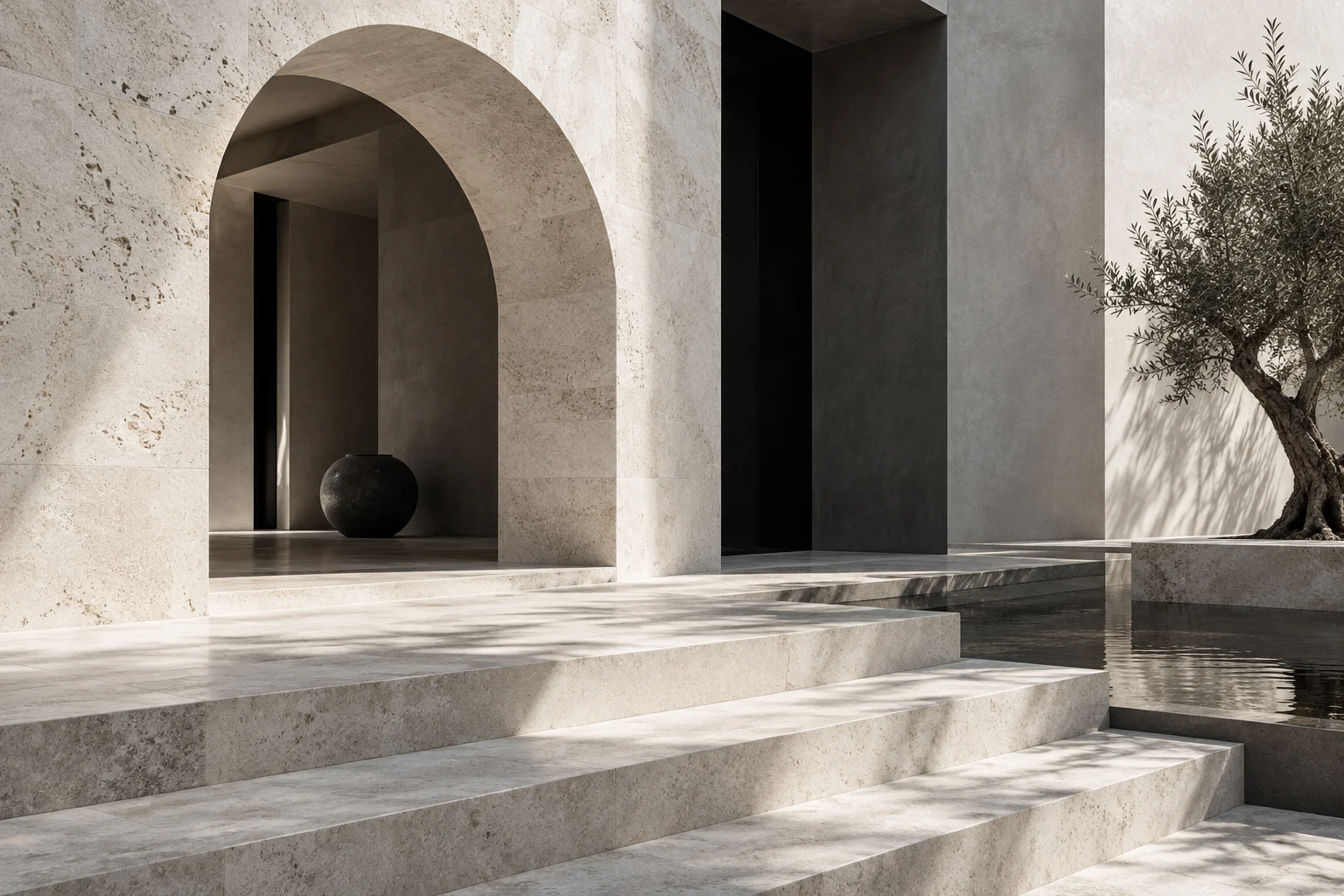 Patio imaginaire en pierre claire, arche et ombres douces.