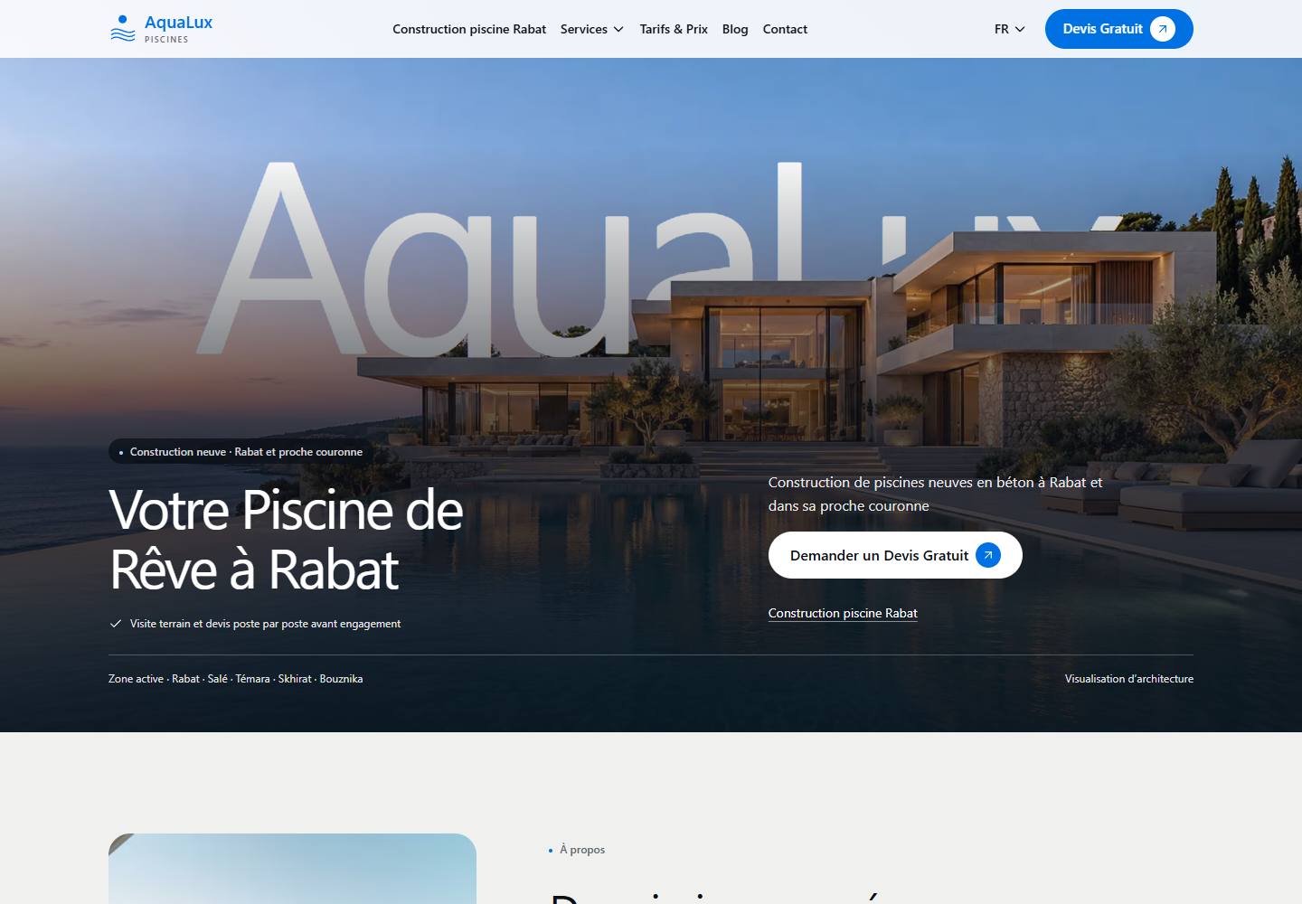 Capture de la page publique du site AquaLux Piscines