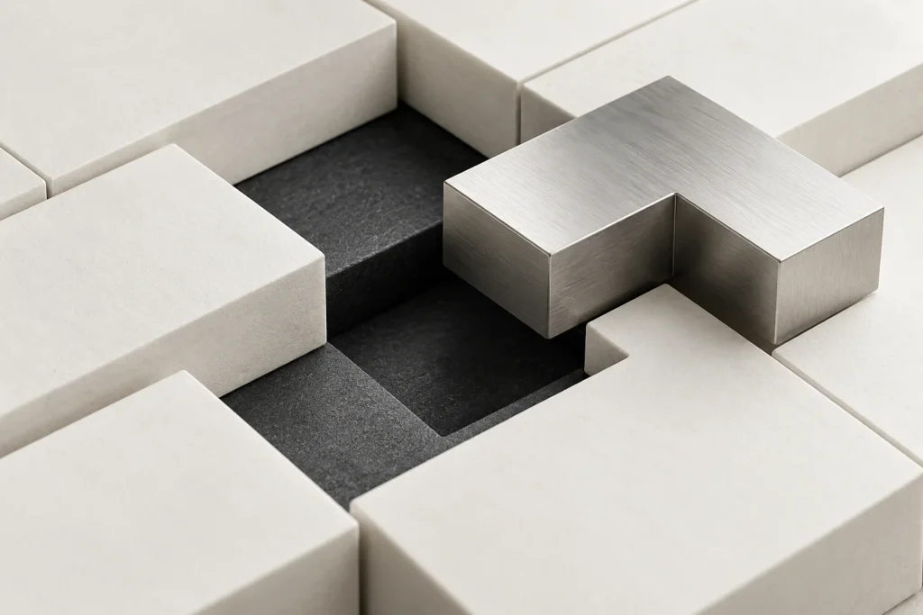 Pièces modulaires ivoire et argent évoquant l’entretien d’un système.