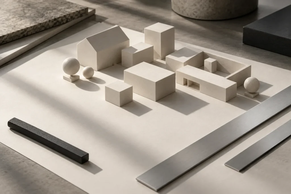 Maquette architecturale et éléments de planification sur une table claire.