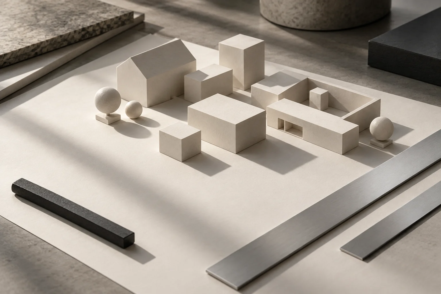 Maquette architecturale et éléments de planification sur une table claire.
