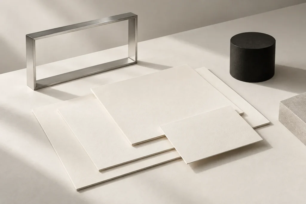 Papier ivoire et formes argentées organisés pour évoquer le cadrage d’un budget web.