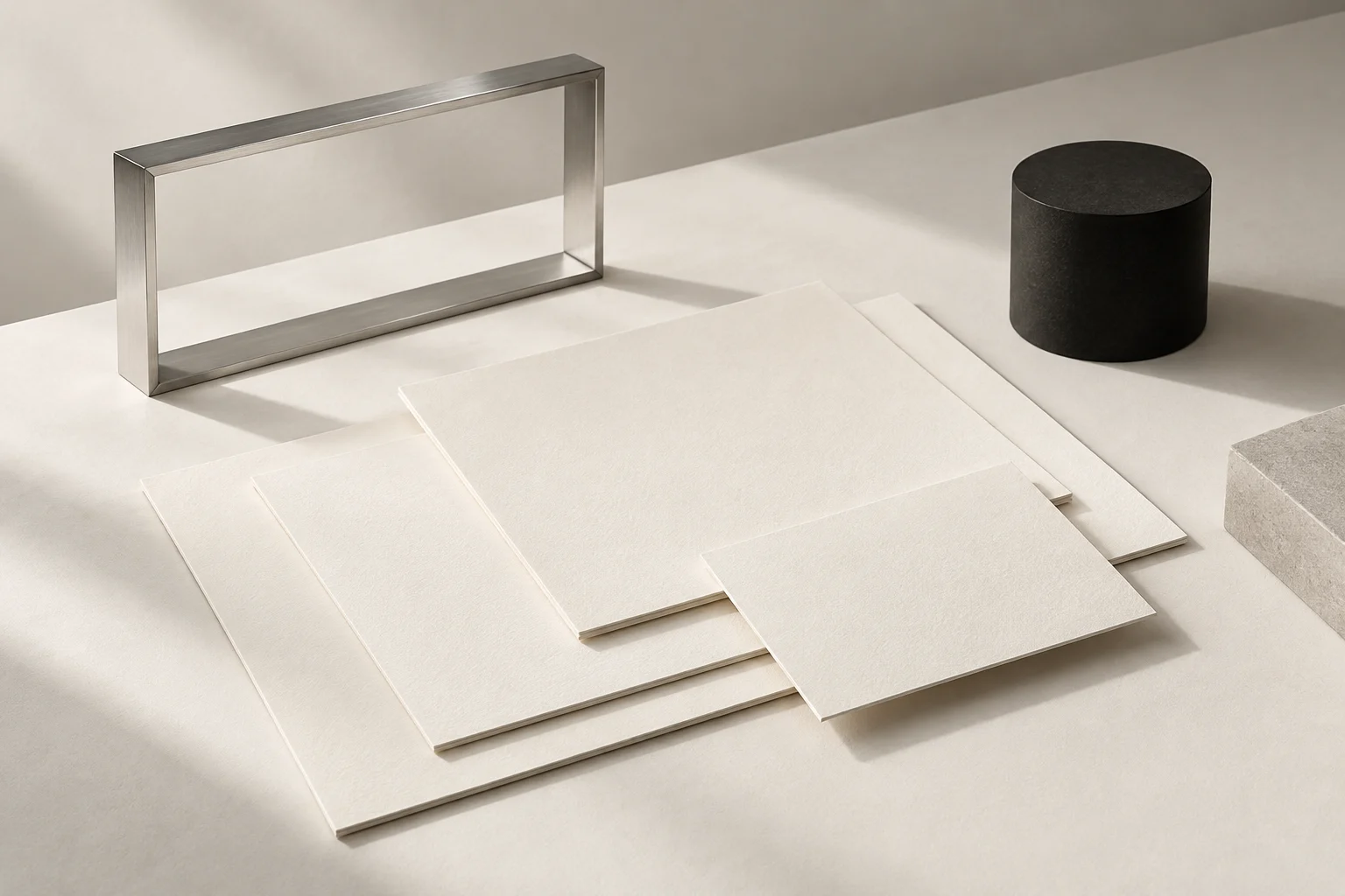 Papier ivoire et formes argentées organisés pour évoquer le cadrage d’un budget web.