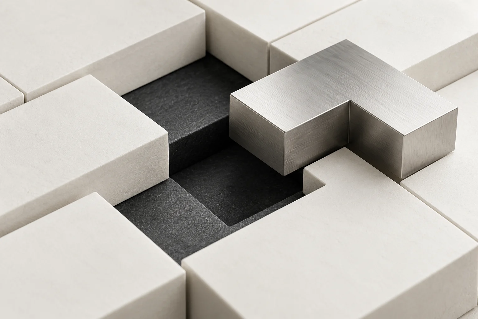 Pièces modulaires ivoire et argent évoquant l’entretien d’un système.